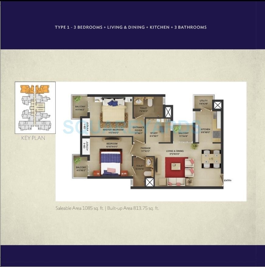 Floor plan of 2 BHK 1085 Sq. Ft. Apartment in Wave City Center - Irenia, Noida