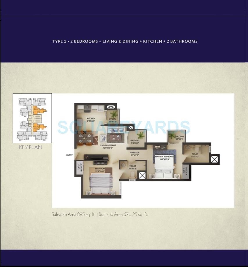 Floor plan of 2 BHK 895 Sq. Ft. Apartment in Wave City Center - Irenia, Noida