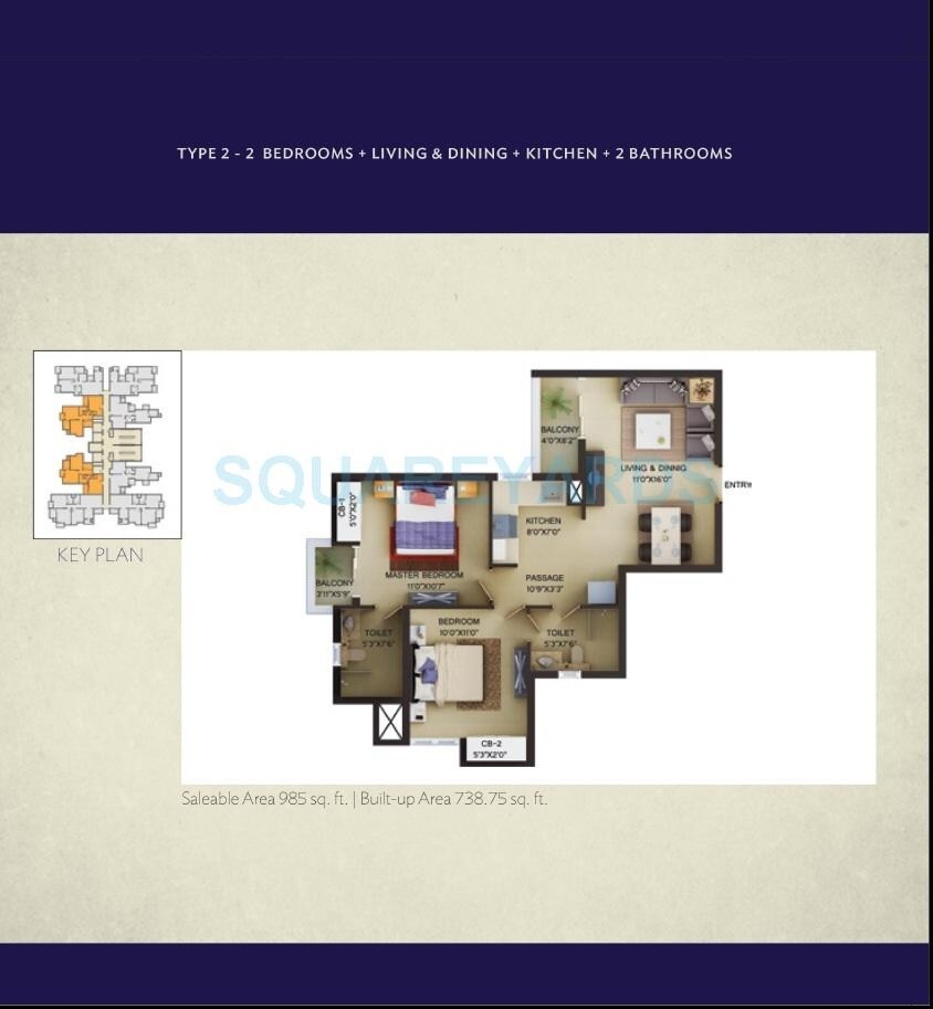 Floor plan of 2 BHK 985 Sq. Ft. Apartment in Wave City Center - Irenia, Noida