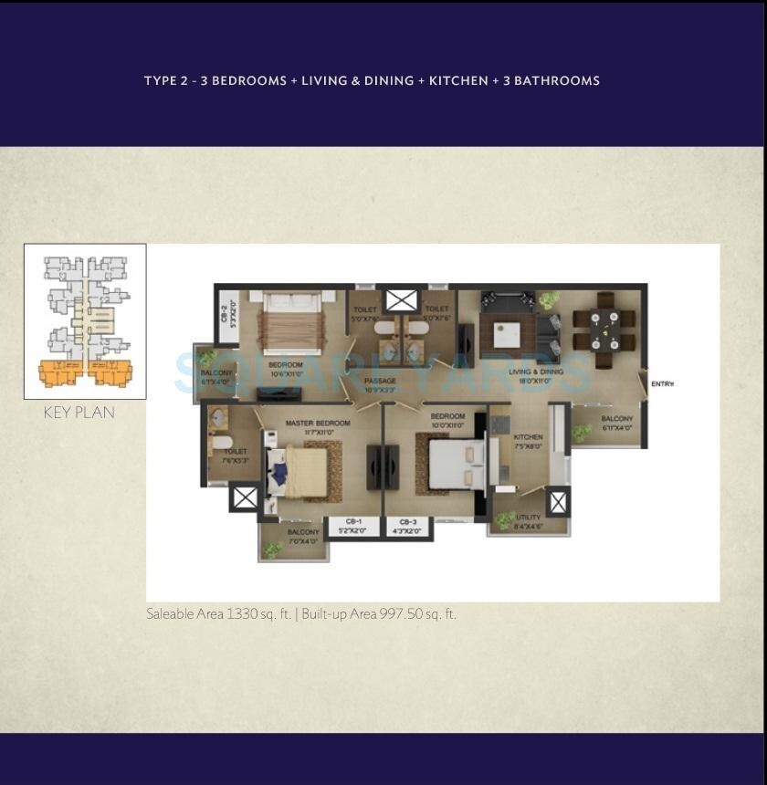 Floor plan of 3 BHK 1330 Sq. Ft. Apartment in Wave City Center - Irenia, Noida