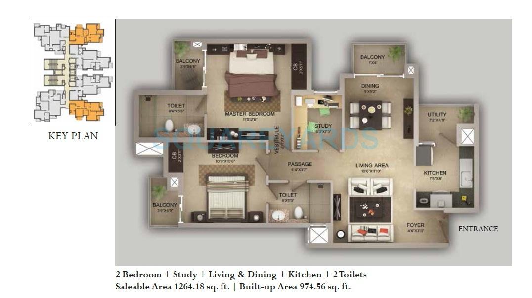Floor plan of 2 BHK 1264 Sq. Ft. Apartment in Wave City Center - Vasilia, Noida