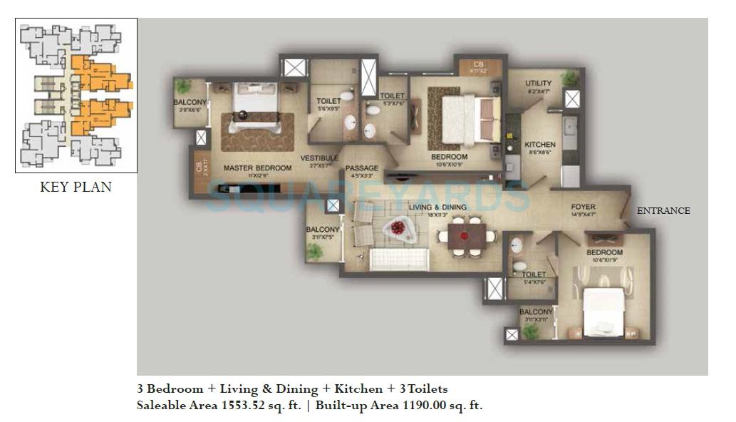 Floor plan of 3 BHK 1554 Sq. Ft. Apartment in Wave City Center - Vasilia, Noida