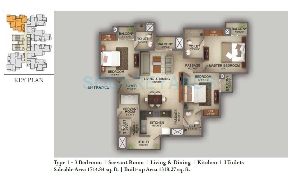 Floor plan of 3 BHK 1715 Sq. Ft. Apartment in Wave City Center - Vasilia, Noida
