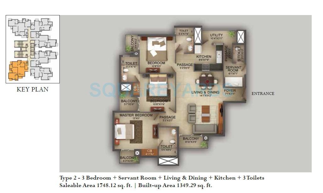 Floor plan of 3 BHK 1748 Sq. Ft. Apartment in Wave City Center - Vasilia, Noida