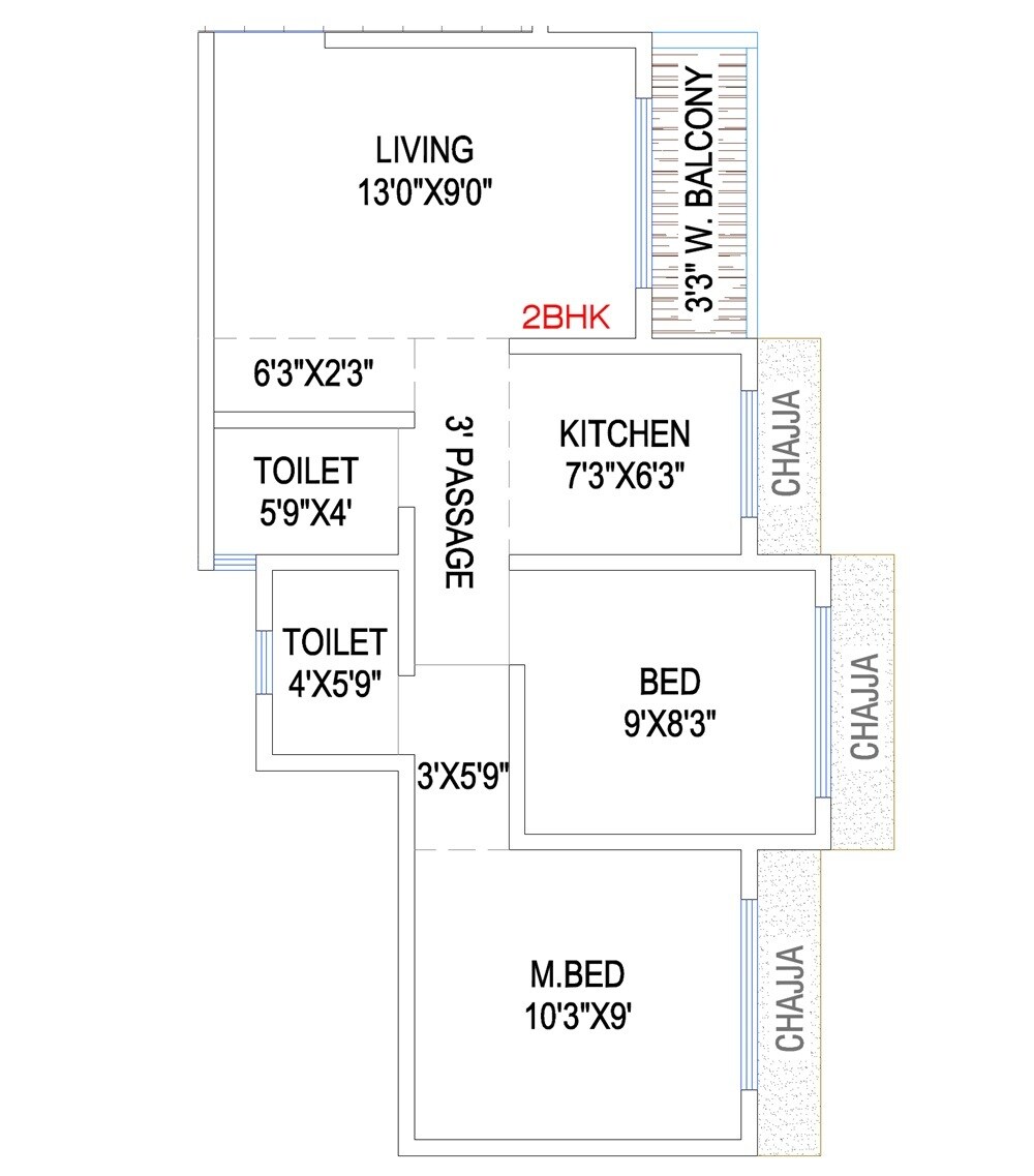 Floor plan of 2 BHK 492 Sq. Ft. Apartment in 7 Star Horizon, Palghar