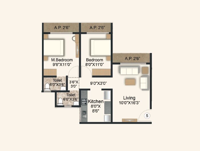 Floor plan of 2 BHK 653 Sq. Ft. Apartment in Aadiraj Signature, Palghar