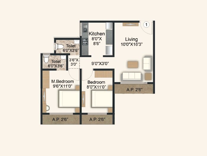Floor plan of 2 BHK 670 Sq. Ft. Apartment in Aadiraj Signature, Palghar