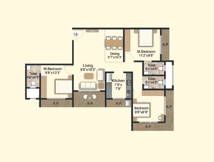 Floor plan of 3 BHK 757 Sq. Ft. Apartment in Aadiraj Signature, Palghar