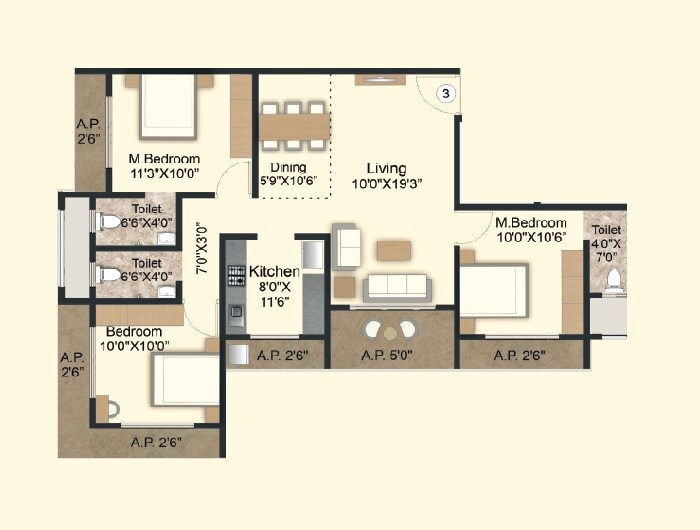 Floor plan of 3 BHK 963 Sq. Ft. Apartment in Aadiraj Signature, Palghar