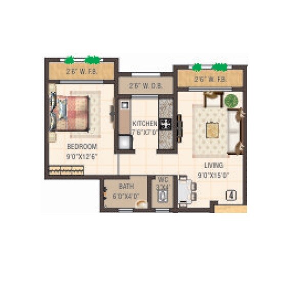 Floor plan of 1 BHK 367 Sq. Ft. Apartment in Aarya Pranav Apartments, Palghar