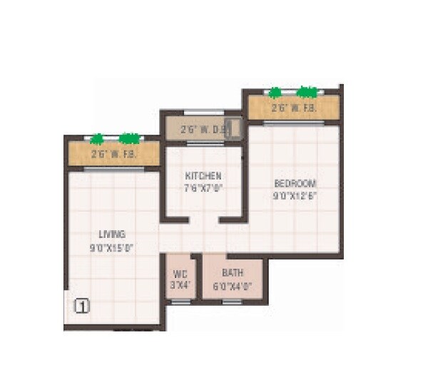 Floor plan of 1 BHK 372 Sq. Ft. Apartment in Aarya Pranav Apartments, Palghar