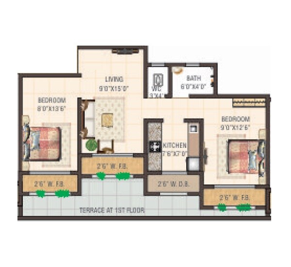 Floor plan of 2 BHK 477 Sq. Ft. Apartment in Aarya Pranav Apartments, Palghar