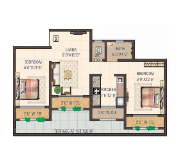 Floor plan of 2 BHK 690 Sq. Ft. Apartment in Aarya Pranav Apartments, Palghar