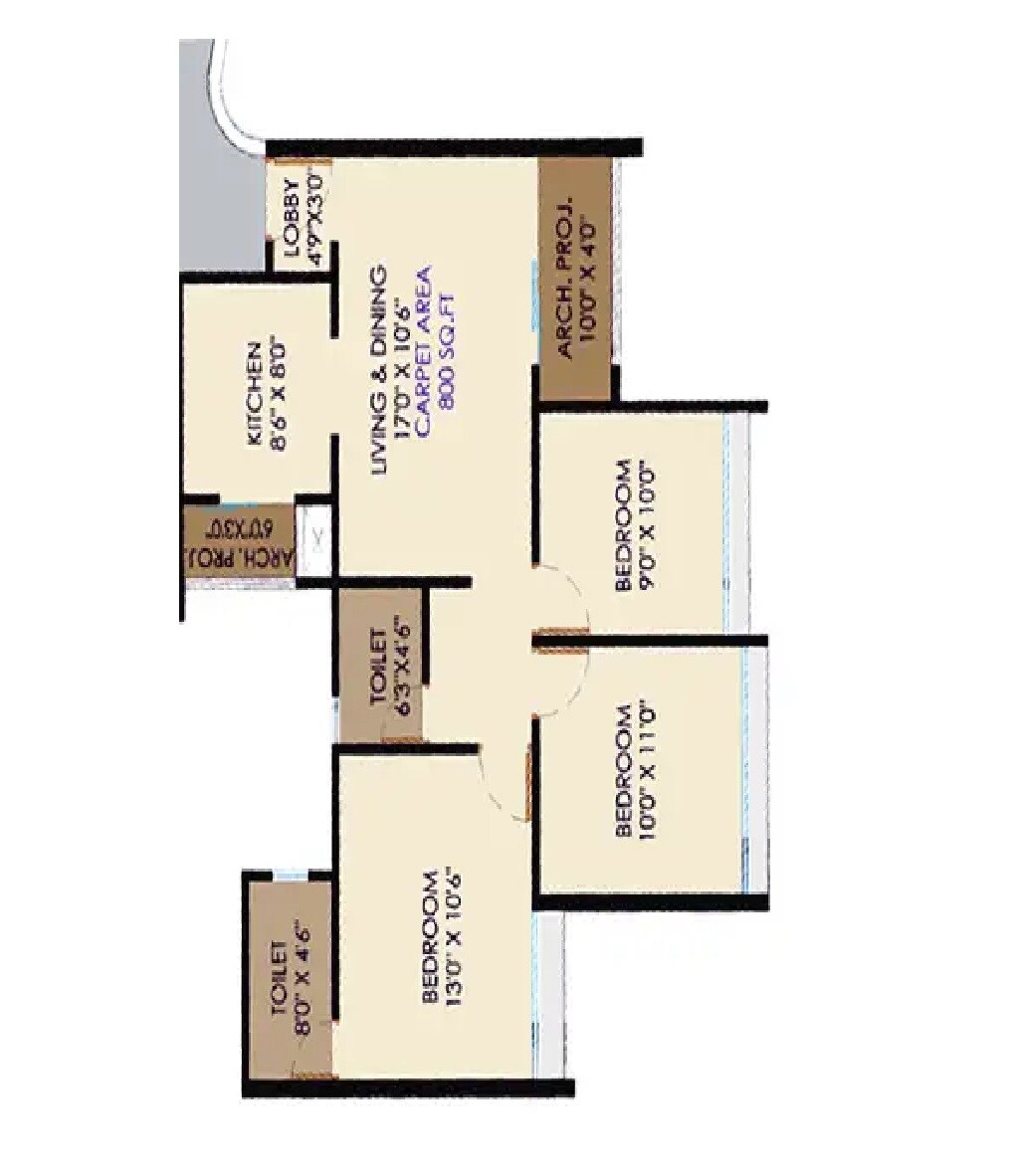 Floor plan of 3 BHK 800 Sq. Ft. Apartment in Abhinav The Curve, Palghar