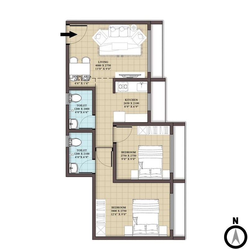 Floor plan of 2 BHK 486 Sq. Ft. Apartment in Ace Rushi Vihar NX, Palghar