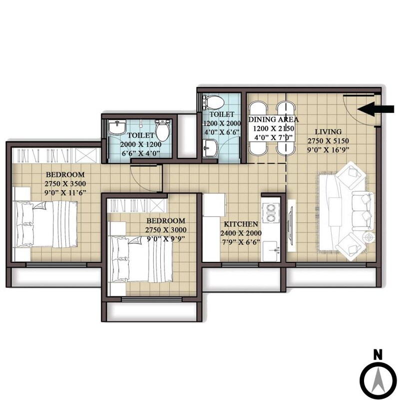 Floor plan of 2 BHK 609 Sq. Ft. Apartment in Ace Rushi Vihar NX, Palghar