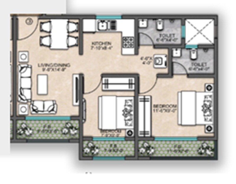 Floor plan of 2 BHK 575 Sq. Ft. Apartment in Acme Alpine, Palghar