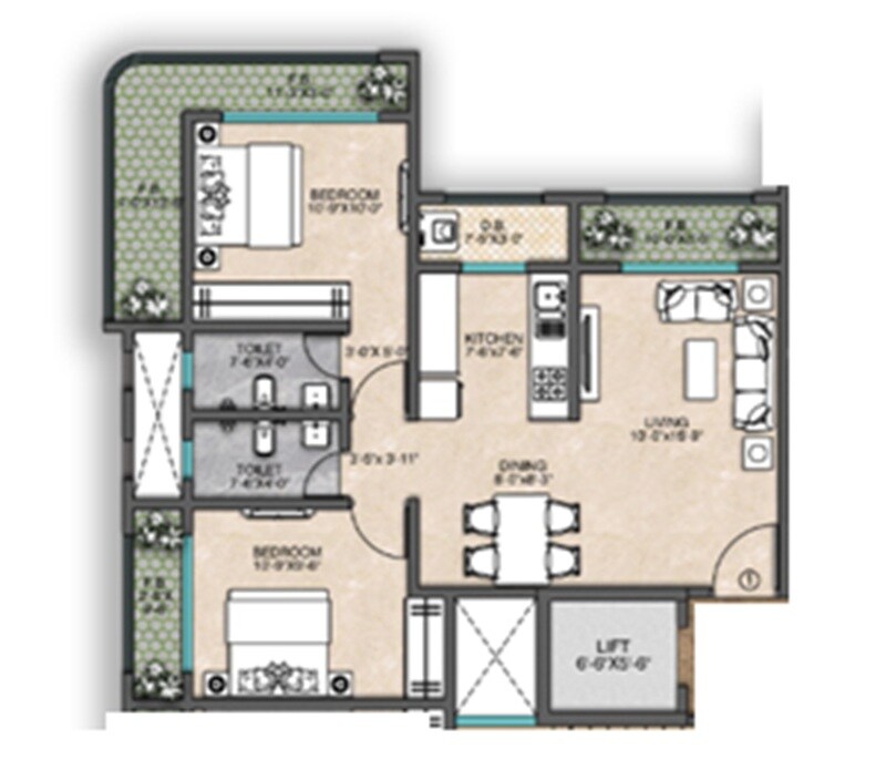 Floor plan of 2 BHK 792 Sq. Ft. Apartment in Acme Alpine, Palghar
