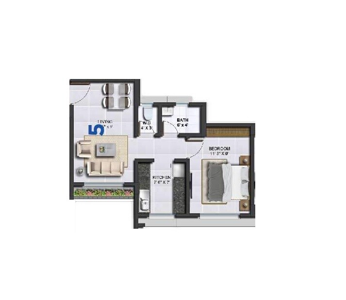 Floor plan of 1 BHK 287 Sq. Ft. Apartment in Agami Infinity Park, Palghar