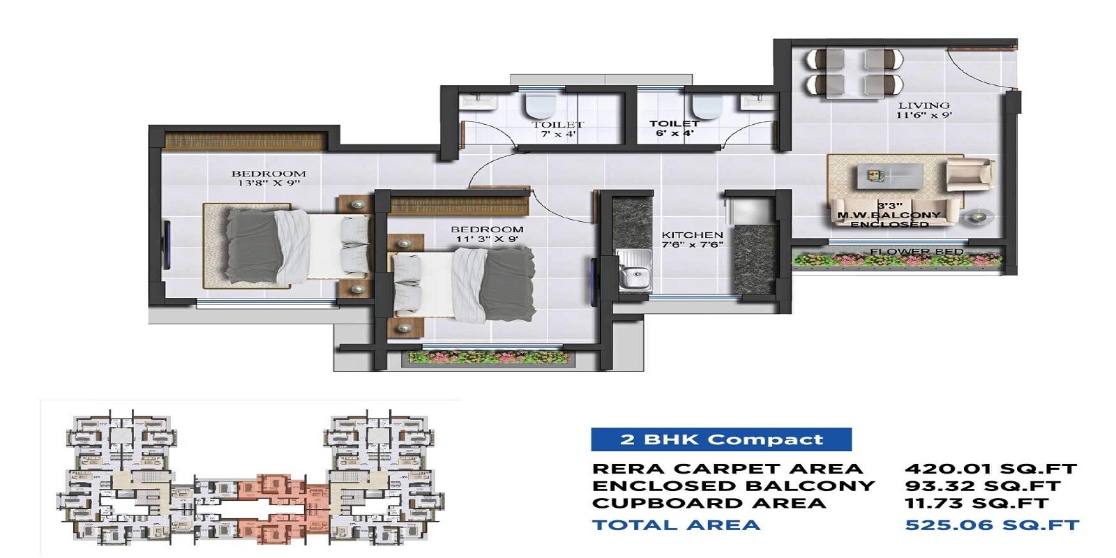 Floor plan of 2 BHK 420 Sq. Ft. Apartment in Agami Infinity Park, Palghar