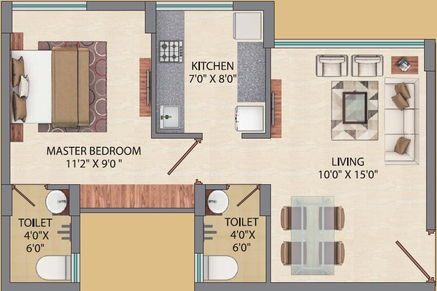 Floor plan of 1 BHK 336 Sq. Ft. Apartment in Agami Sapphire, Palghar