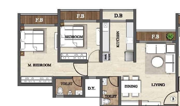 Floor plan of 2 BHK 510 Sq. Ft. Apartment in Agarwal Exotica, Palghar