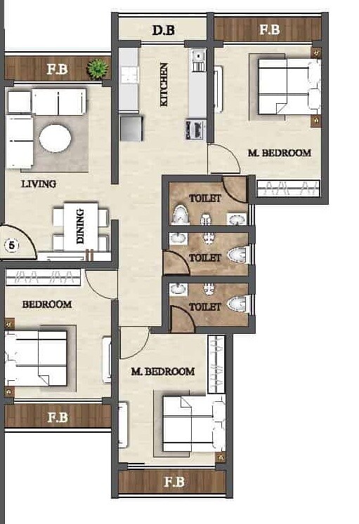 Floor plan of 3 BHK 704 Sq. Ft. Apartment in Agarwal Exotica, Palghar