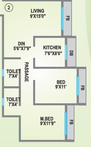 Floor plan of 2 BHK 1050 Sq. Ft. Apartment in Agarwal Lifestyle, Palghar