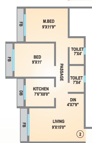 Floor plan of 2 BHK 875 Sq. Ft. Apartment in Agarwal Lifestyle, Palghar