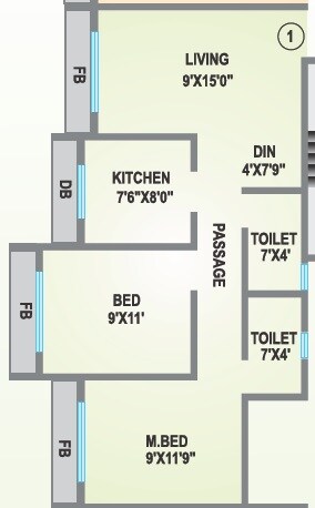 Floor plan of 2 BHK 885 Sq. Ft. Apartment in Agarwal Lifestyle, Palghar