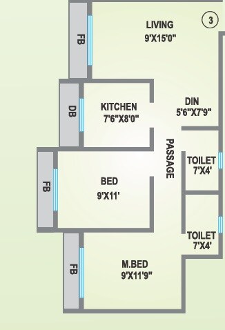 Floor plan of 2 BHK 895 Sq. Ft. Apartment in Agarwal Lifestyle, Palghar