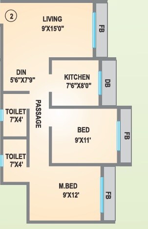 Floor plan of 2 BHK 975 Sq. Ft. Apartment in Agarwal Lifestyle, Palghar