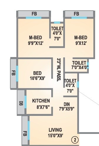 Floor plan of 3 BHK 1205 Sq. Ft. Apartment in Agarwal Lifestyle, Palghar