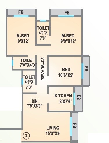 Floor plan of 3 BHK 1275 Sq. Ft. Apartment in Agarwal Lifestyle, Palghar