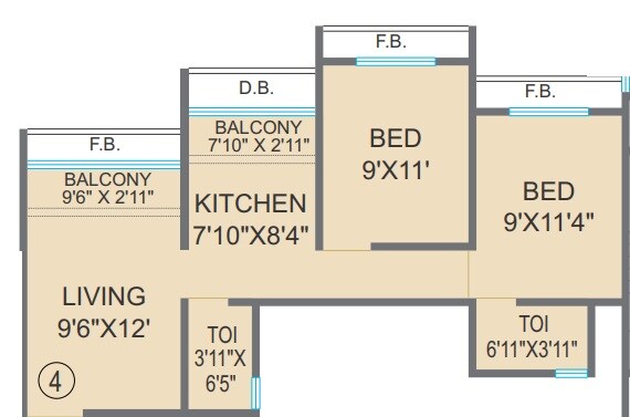 Floor plan of 2 BHK 483 Sq. Ft. Apartment in Agarwal Paramount, Palghar