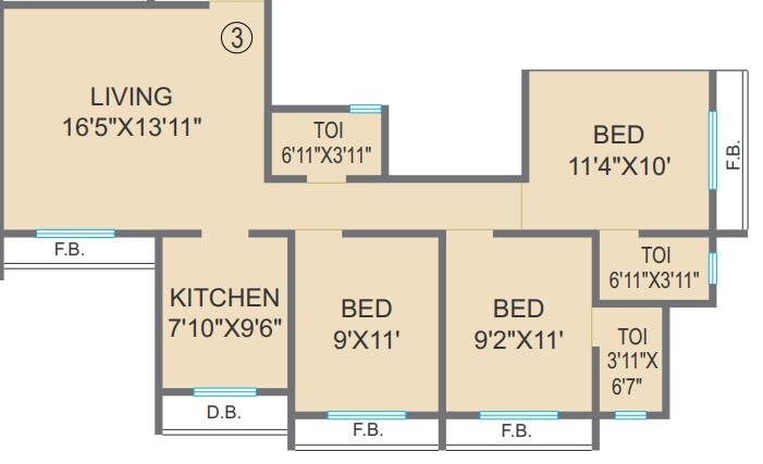 Floor plan of 3 BHK 685 Sq. Ft. Apartment in Agarwal Paramount, Palghar