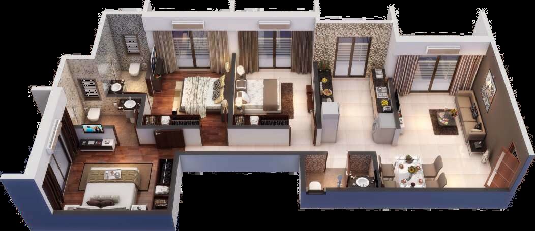Floor plan of 3 BHK 827 Sq. Ft. Apartment in Agarwal Paramount, Palghar