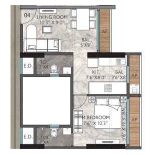 Floor plan of 1 BHK 288 Sq. Ft. Apartment in Agarwal Sky Heights, Palghar