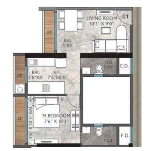 Floor plan of 1 BHK 336 Sq. Ft. Apartment in Agarwal Sky Heights, Palghar