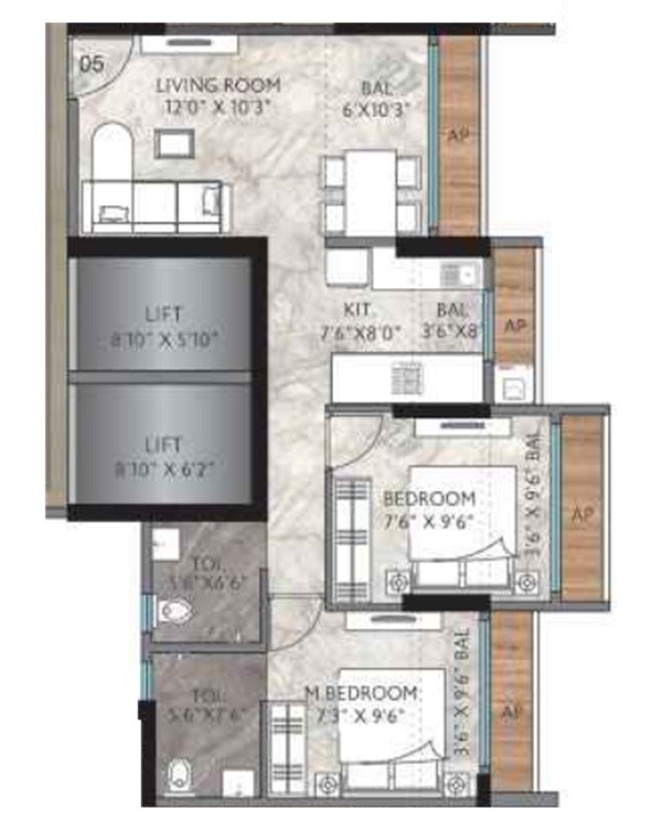 Floor plan of 1 BHK 425 Sq. Ft. Apartment in Agarwal Sky Heights, Palghar