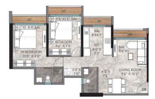 Floor plan of 2 BHK 490 Sq. Ft. Apartment in Agarwal Sky Heights, Palghar