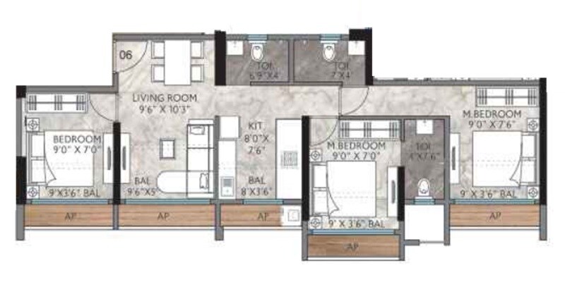 Floor plan of 3 BHK 537 Sq. Ft. Apartment in Agarwal Sky Heights, Palghar