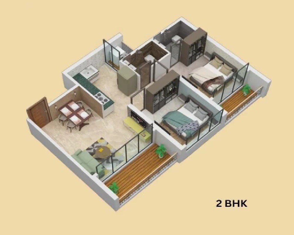 Floor plan of 2 BHK 558 Sq. Ft. Apartment in Agarwal Skyrise, Palghar