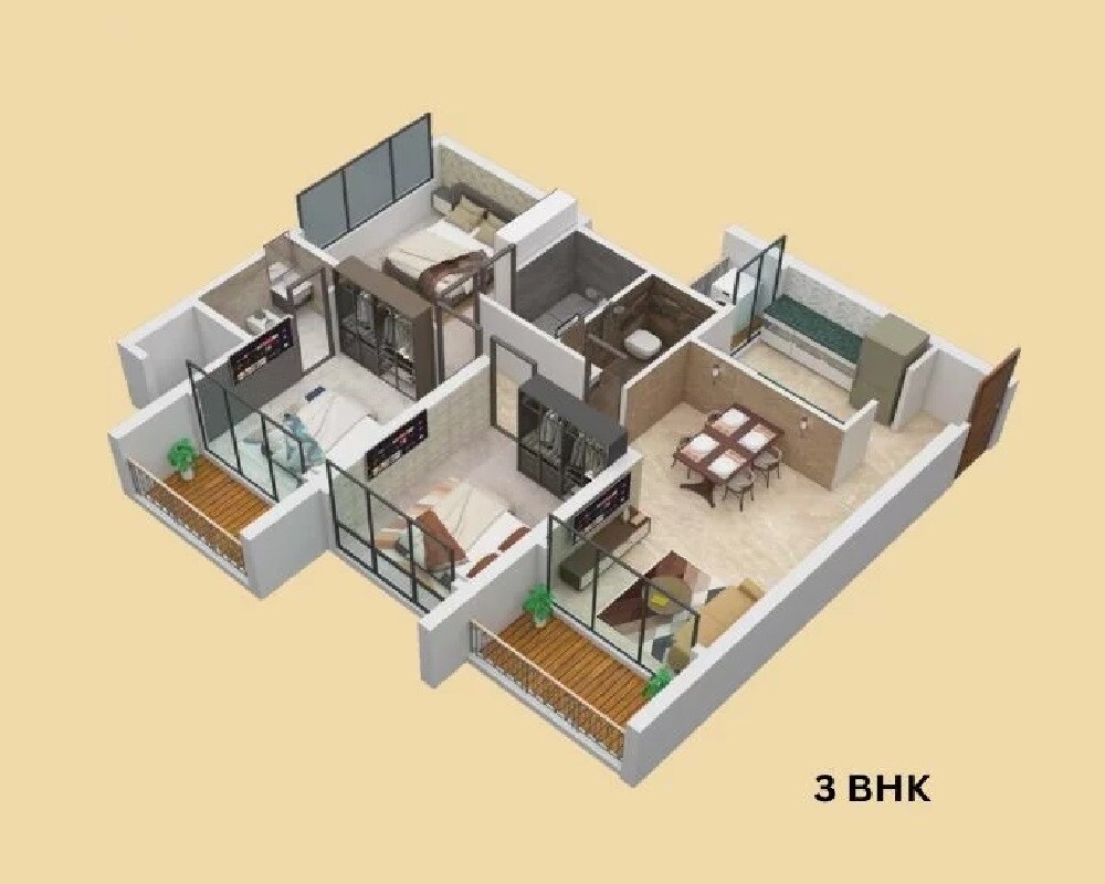 Floor plan of 3 BHK 761 Sq. Ft. Apartment in Agarwal Skyrise, Palghar