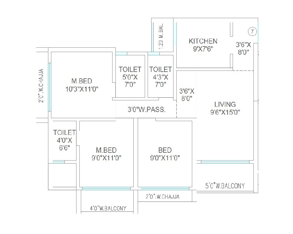 Floor plan of 3 BHK 824 Sq. Ft. Apartment in Agarwal Skyrise, Palghar