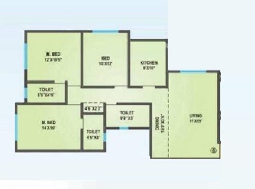 Floor plan of 3 BHK 952 Sq. Ft. Apartment in Agarwal Yashwant Heights, Palghar