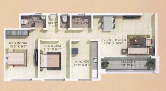 Floor plan of 2 BHK 650 Sq. Ft. Apartment in Ajasra Roop Rajat, Palghar