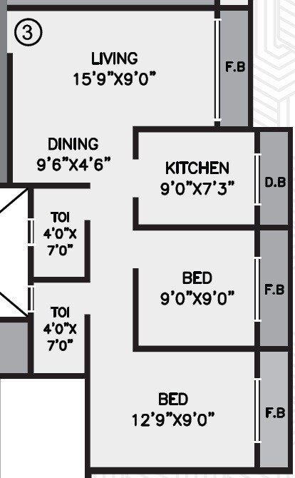 Floor plan of 2 BHK 596 Sq. Ft. Apartment in Akansha Nidan Empire, Palghar