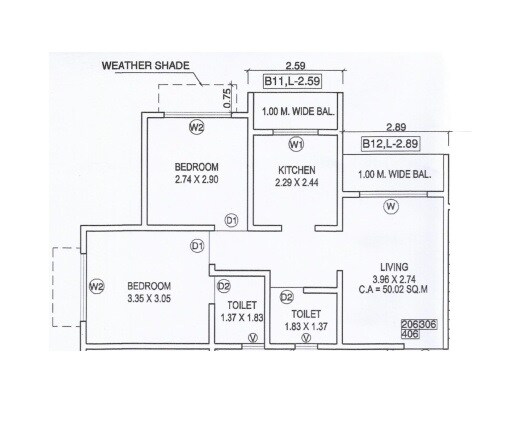 Floor plan of 2 BHK 538 Sq. Ft. Apartment in Aman Anand Vihar, Palghar