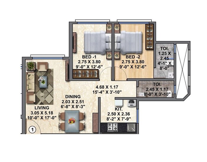 Floor plan of 2 BHK 673 Sq. Ft. Apartment in Ameya Apartment Virar, Palghar